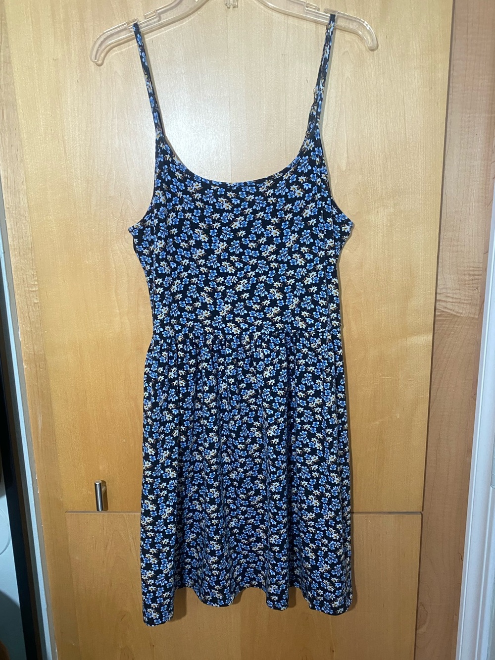 Black Blue Ditsy Floral Adjustable Spaghetti Strap Cotton Mini Skater Sundress L